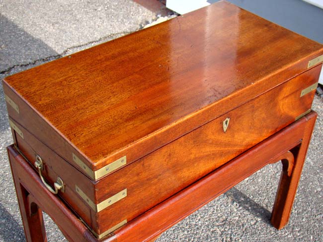 A Wonderful brass bound 'Campaign' style mahogany lap desk circa 1830 on a custom made stand — image 2